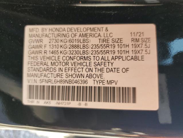 5FNRL6H89NB046396 - 2022 HONDA ODYSSEY TOURING BLACK photo 13