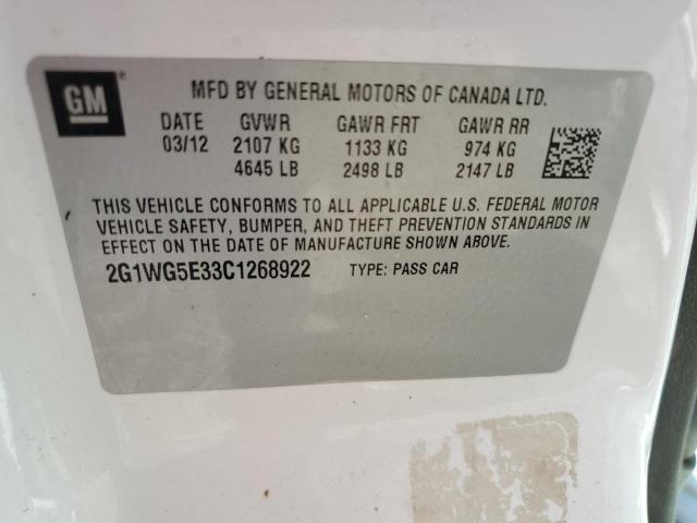 2G1WG5E33C1268922 - 2012 CHEVROLET IMPALA LT თეთრი ფოტო 12