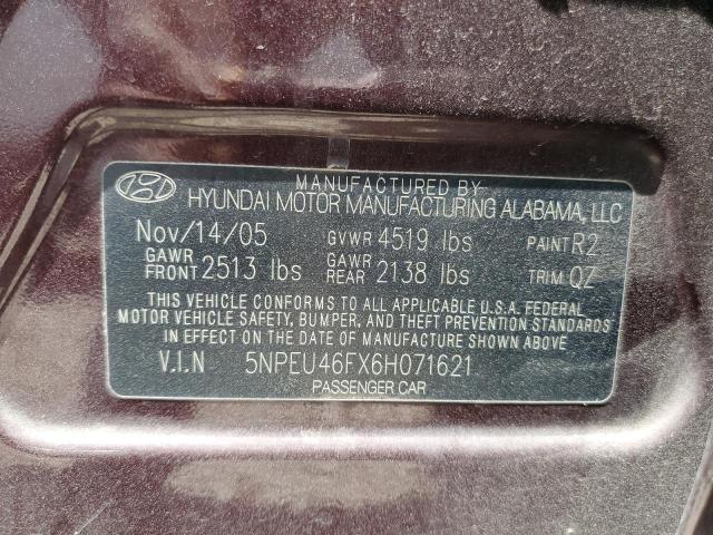 5NPEU46FX6H071621 - 2006 HYUNDAI SONATA GLS BURGUNDY photo 12