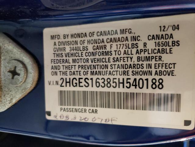 2HGES16385H540188 - 2005 HONDA CIVIC DX VP أزرق صورة 12