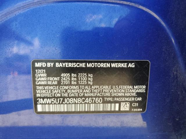 3MW5U7J08N8C46760 - 2022 BMW M340I BLUE photo 12