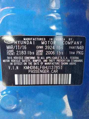 KMHD84LF6HU137851 - 2017 HYUNDAI ELANTRA SE BLUE photo 12