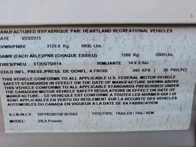 5SFPB2927GE301593 - 2016 HEART LAND PROWLER 白色 照片 10