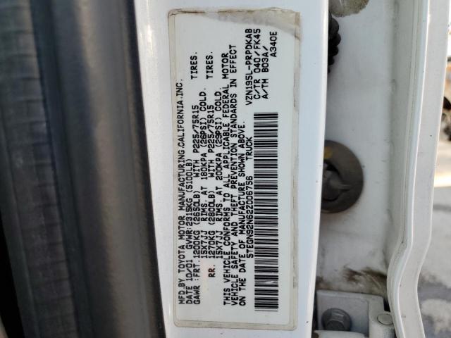 5TEGN92N62Z006756 - 2002 TOYOTA TACOMA DOUBLE CAB PRERUNNER WHITE photo 12