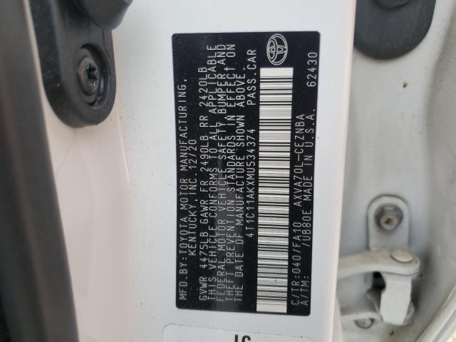 4T1C11AKXMU534374 - 2021 TOYOTA CAMRY LE WHITE photo 12