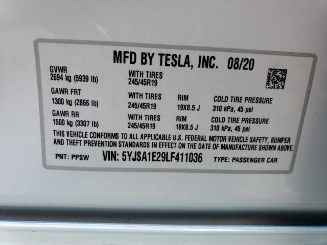 5YJSA1E29LF411036 - 2020 TESLA MODEL S Ağ foto 12