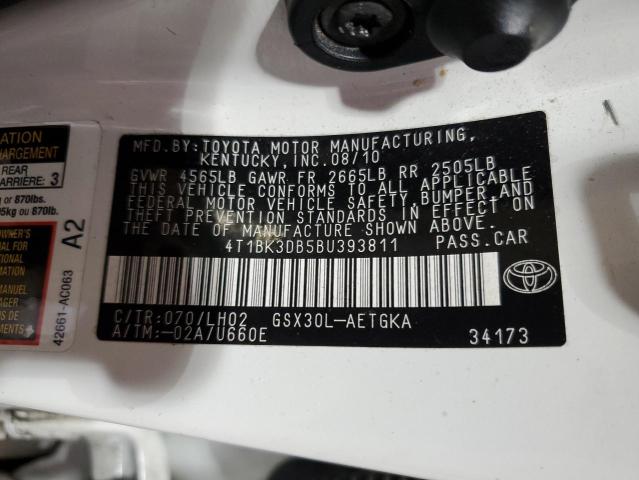 4T1BK3DB5BU393811 - 2011 TOYOTA AVALON BASE 白色 照片 12