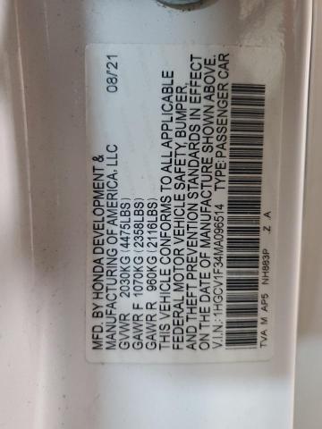 1HGCV1F34MA096514 - 2021 HONDA ACCORD SPORT 白色 照片 12