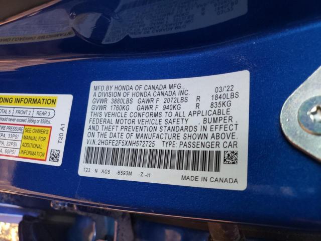 2HGFE2F5XNH572725 - 2022 HONDA CIVIC SPORT BLUE photo 12