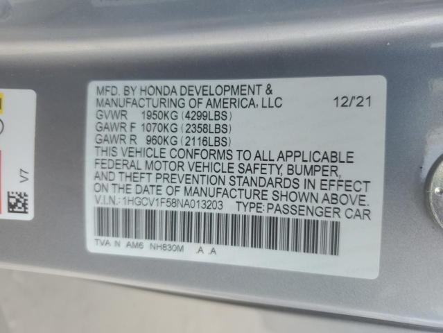 1HGCV1F58NA013203 - 2022 HONDA ACCORD EXL 银色 照片 12