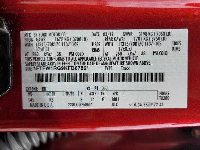 1FTFW1RG9KFB67861 - 2019 FORD F150 RAPTOR RED photo 12