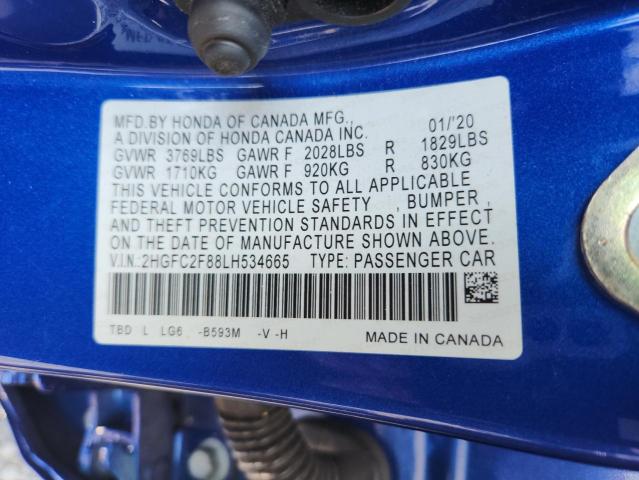 2HGFC2F88LH534665 - 2020 HONDA CIVIC SPORT BLUE photo 12