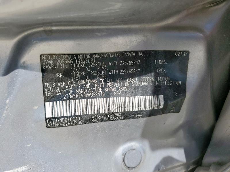 2T3WFREV3HW358119 - 2017 TOYOTA RAV4 XLE SILVER photo 13