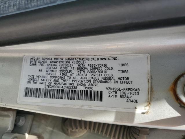 5TEGN92N34Z365338 - 2004 TOYOTA TACOMA DOUBLE CAB PRERUNNER SILVER photo 12