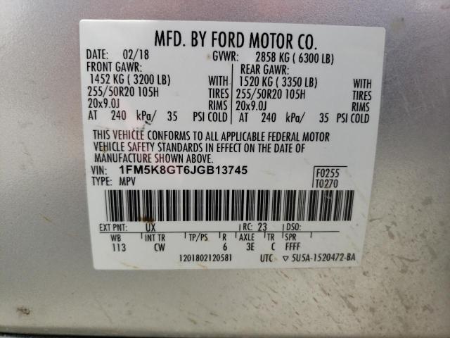 1FM5K8GT6JGB13745 - 2018 FORD EXPLORER SPORT Серебристый фото 14