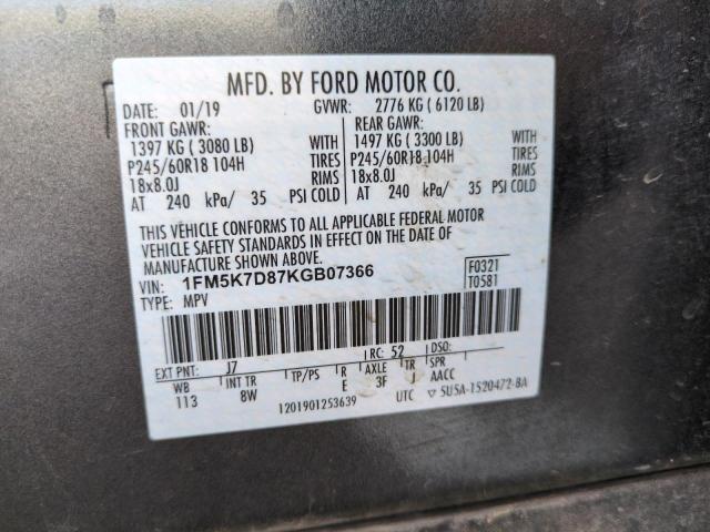 1FM5K7D87KGB07366 - 2019 FORD EXPLORER XLT Сірий фото 13