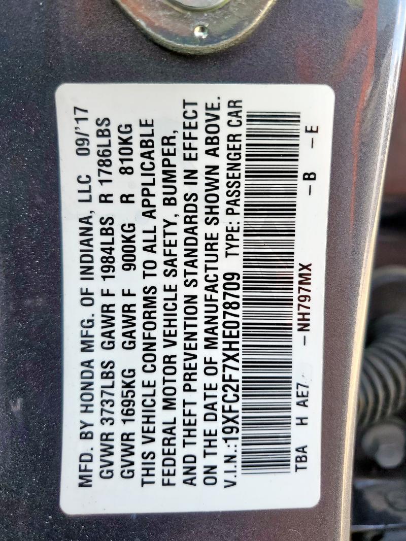 19XFC2F7XHE078709 - 2017 HONDA CIVIC EX GRAY photo 12