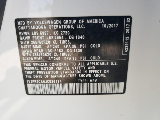 1V2PR2CA6JC536194 - 2018 VOLKSWAGEN ATLAS SE WHITE photo 14