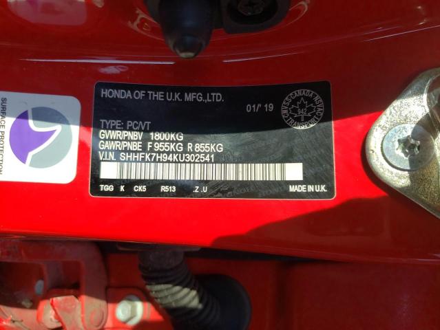 SHHFK7H94KU302541 - 2019 HONDA CIVIC SPORT TOURING RED photo 12