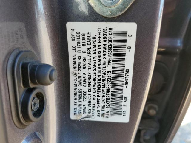 19XFB2F98EE023515 - 2014 HONDA CIVIC EXL ნაცრისფერი ფოტო 12