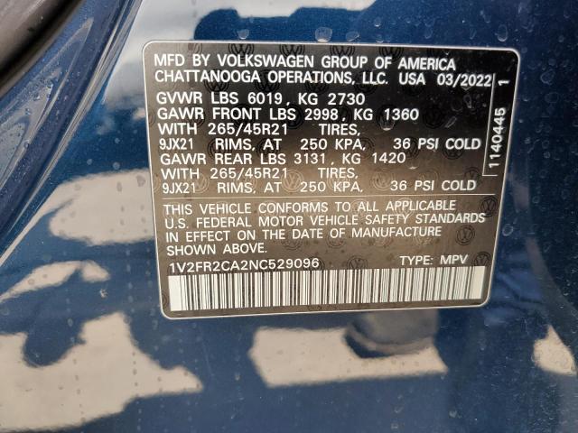 1V2FR2CA2NC529096 - 2022 VOLKSWAGEN ATLAS SEL PREMIUM R-LINE BLUE photo 14