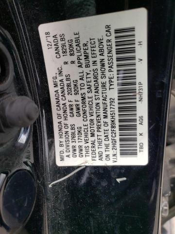 2HGFC2F89KH517792 - 2019 HONDA CIVIC SPORT 黑色 照片 12