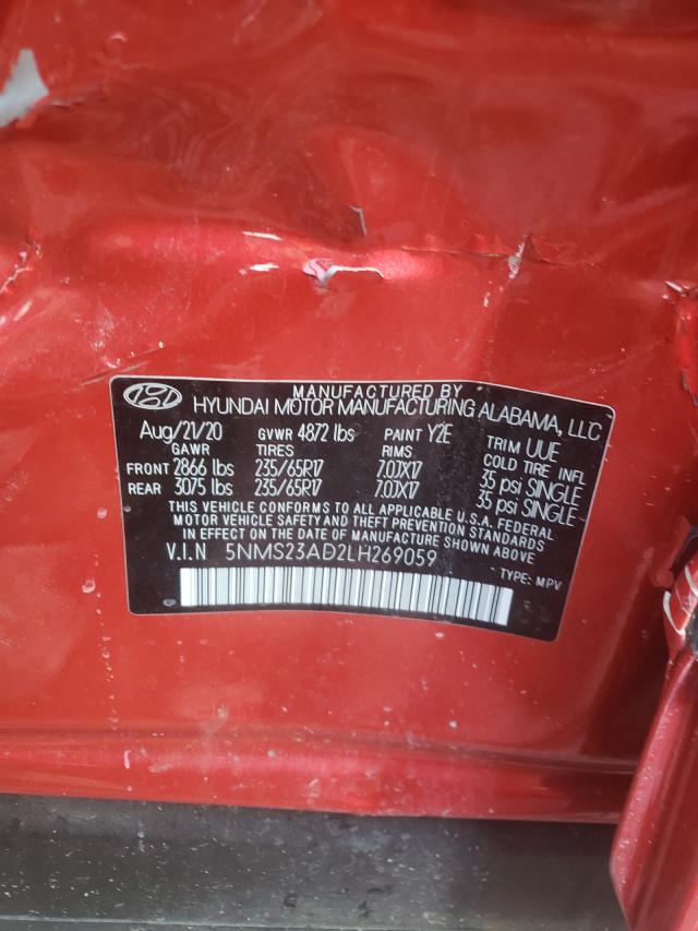 5NMS23AD2LH269059 - 2020 HYUNDAI SANTA FE SE RED photo 10