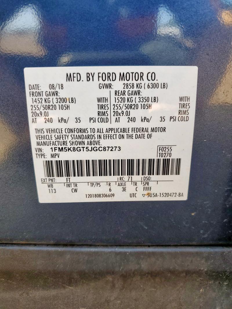 1FM5K8GT5JGC87273 - 2018 FORD EXPLORER SPORT Կապույտ լուսանկար 14