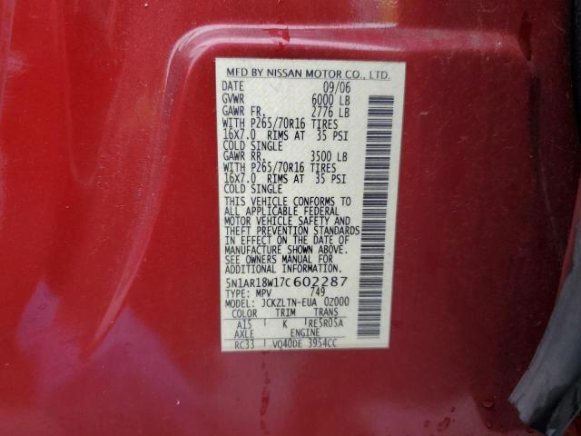 5N1AR18W17C602287 - 2007 NISSAN PATHFINDER LE 红色 照片 12
