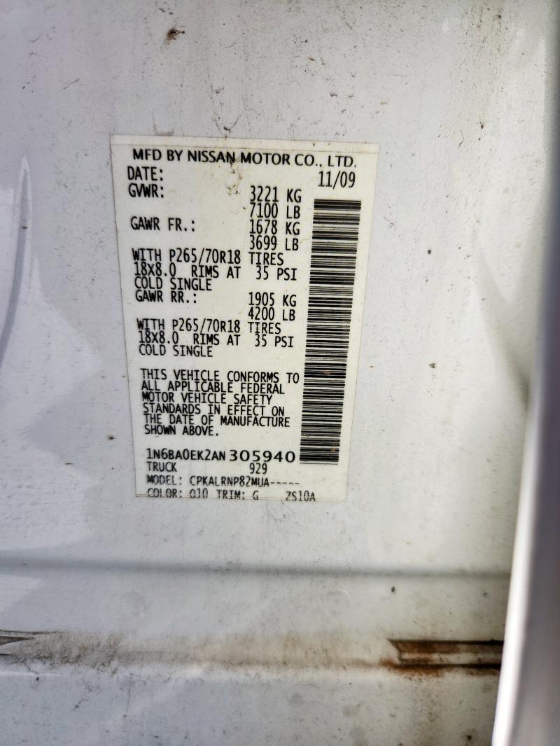 1N6BA0EK2AN305940 - 2010 NISSAN TITAN XE WHITE photo 12