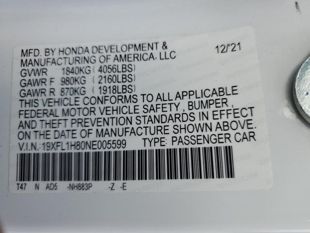 19XFL1H80NE005599 - 2022 HONDA CIVIC SPORT TOURING WHITE photo 12