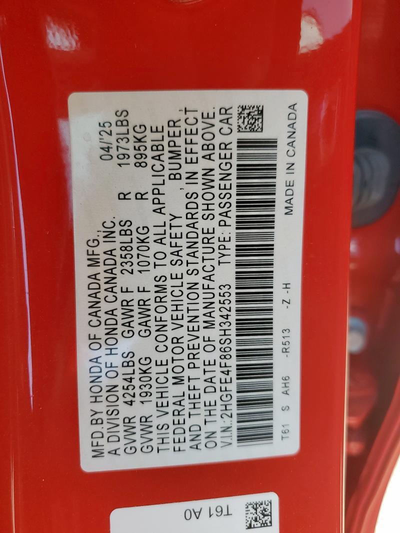 2HGFE4F86SH342553 - 2025 HONDA CIVIC SPORT 红色 照片 12