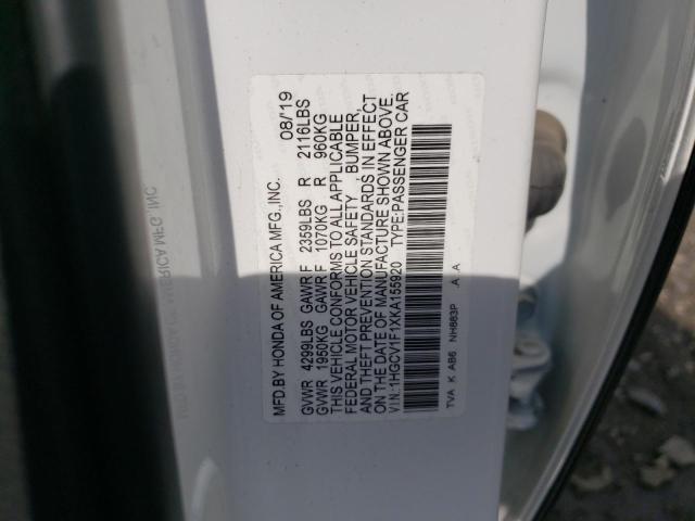 1HGCV1F1XKA155920 - 2019 HONDA ACCORD LX WHITE photo 12