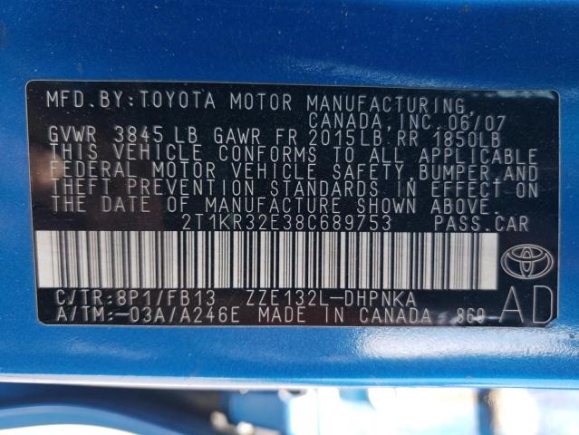 2T1KR32E38C689753 - 2008 TOYOTA COROLLA MA XR BLUE photo 13