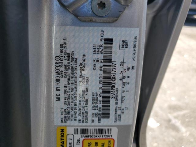 3FA6P0CDXKR172971 - 2019 FORD FUSION SEL SILVER photo 12