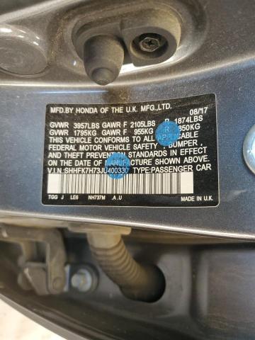 SHHFK7H73JU400330 - 2018 HONDA CIVIC EXL ნაცრისფერი ფოტო 12