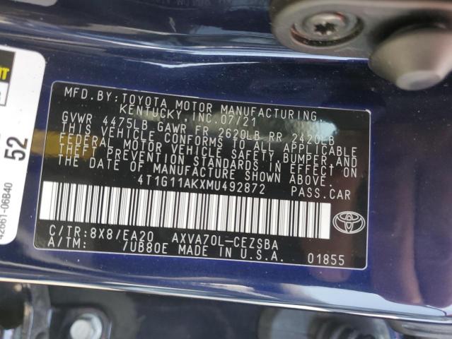 4T1G11AKXMU492872 - 2021 TOYOTA CAMRY SE BLUE photo 12