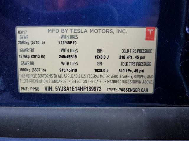 5YJSA1E14HF189973 - 2017 TESLA MODEL S Կապույտ լուսանկար 12