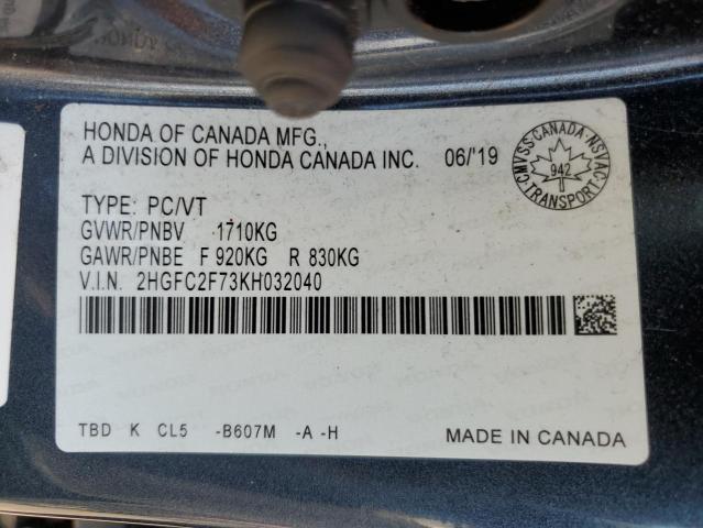 2HGFC2F73KH032040 - 2019 HONDA CIVIC EX Mavi foto 12