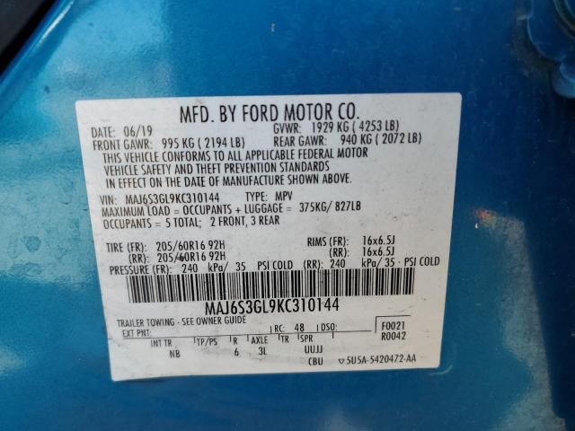 MAJ6S3GL9KC310144 - 2019 FORD ECOSPORT SE BLUE photo 13