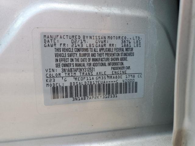 3N1AB7AP2KY312531 - 2019 NISSAN SENTRA S 银色 照片 12