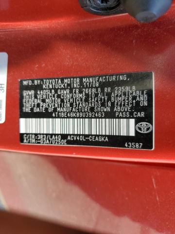 4T1BE46K89U392463 - 2009 TOYOTA CAMRY BASE RED photo 12