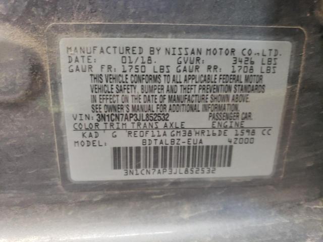 3N1CN7AP3JL852532 - 2018 NISSAN VERSA S GRAY photo 12