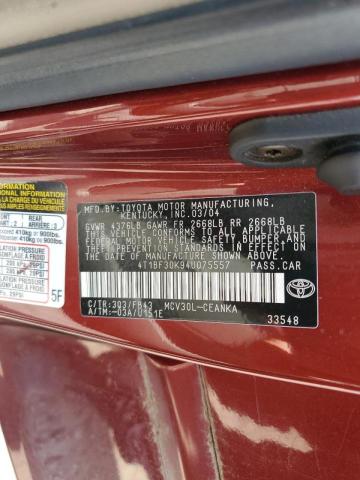 4T1BF30K94U075557 - 2004 TOYOTA CAMRY LE BURGUNDY photo 12