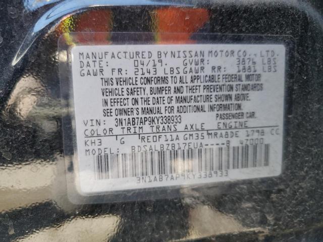 3N1AB7AP9KY338933 - 2019 NISSAN SENTRA S أسود صورة 13