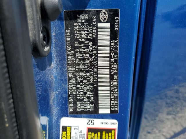 4T1B11HK9KU170012 - 2019 TOYOTA CAMRY L ლურჯი ფოტო 12