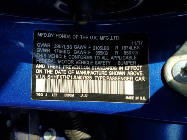 SHHFK7H71JU407535 - 2018 HONDA CIVIC EXL ლურჯი ფოტო 12