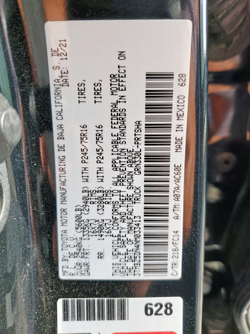 3TMBZ5DN4NM033413 - 2022 TOYOTA TACOMA DOUBLE CAB შავი ფოტო 12