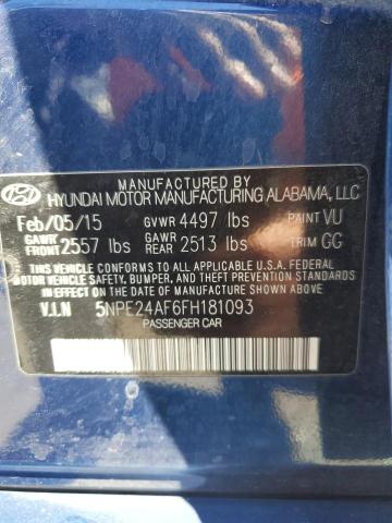 5NPE24AF6FH181093 - 2015 HYUNDAI SONATA SE BLUE photo 12