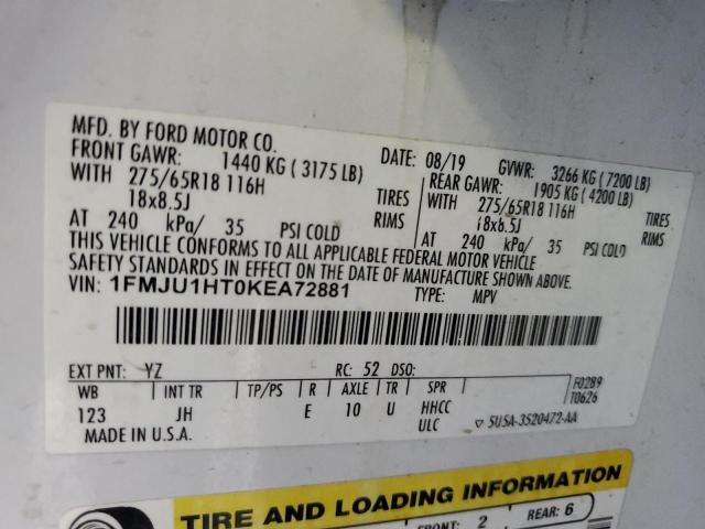 1FMJU1HT0KEA72881 - 2019 FORD EXPEDITION XLT Biały zdjęcie 13